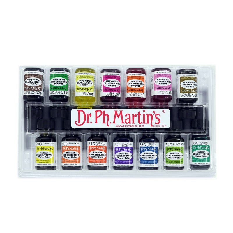 Dr. Ph. Martin's RADI05OZSETC Radiant Concentrated Water Color (Set C) Watercolor Set, 0.5 oz, Set C Colors, 1 Set of 12 Bottles - Image 1